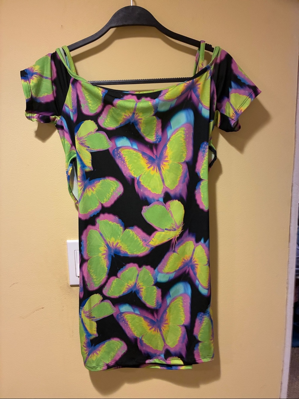 Neon Floral Mini Dress with Chain-Front Detail - Green & Black Rave Dress Sz 10